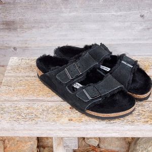 Birkenstock Arizona Fur Shearling Suede Leather Black Sandals EU 39 752663